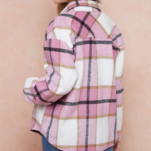 NEW SHACKET FLANNEL PLAID JACKET SHIRT pink/white SM-XLG bohemian western Barbie - Picture 5 of 8